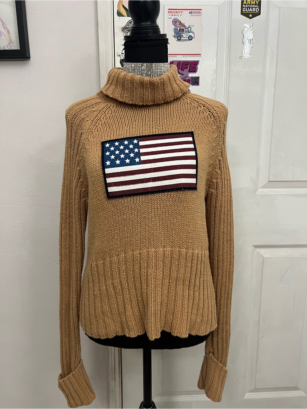 Classic Camel Turtleneck Sweater with Flag Patch